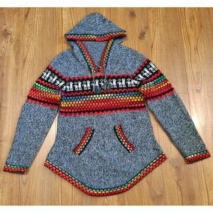 Peruvian Alpaca Knit Hooded Sweater Gray Llama Boho Andean Colorful Pullover